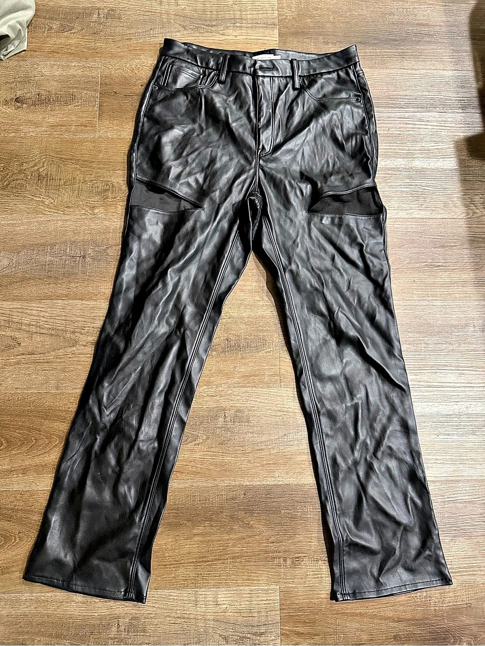 Good American Faux Leather Straight Leg Pants Black Waist 15